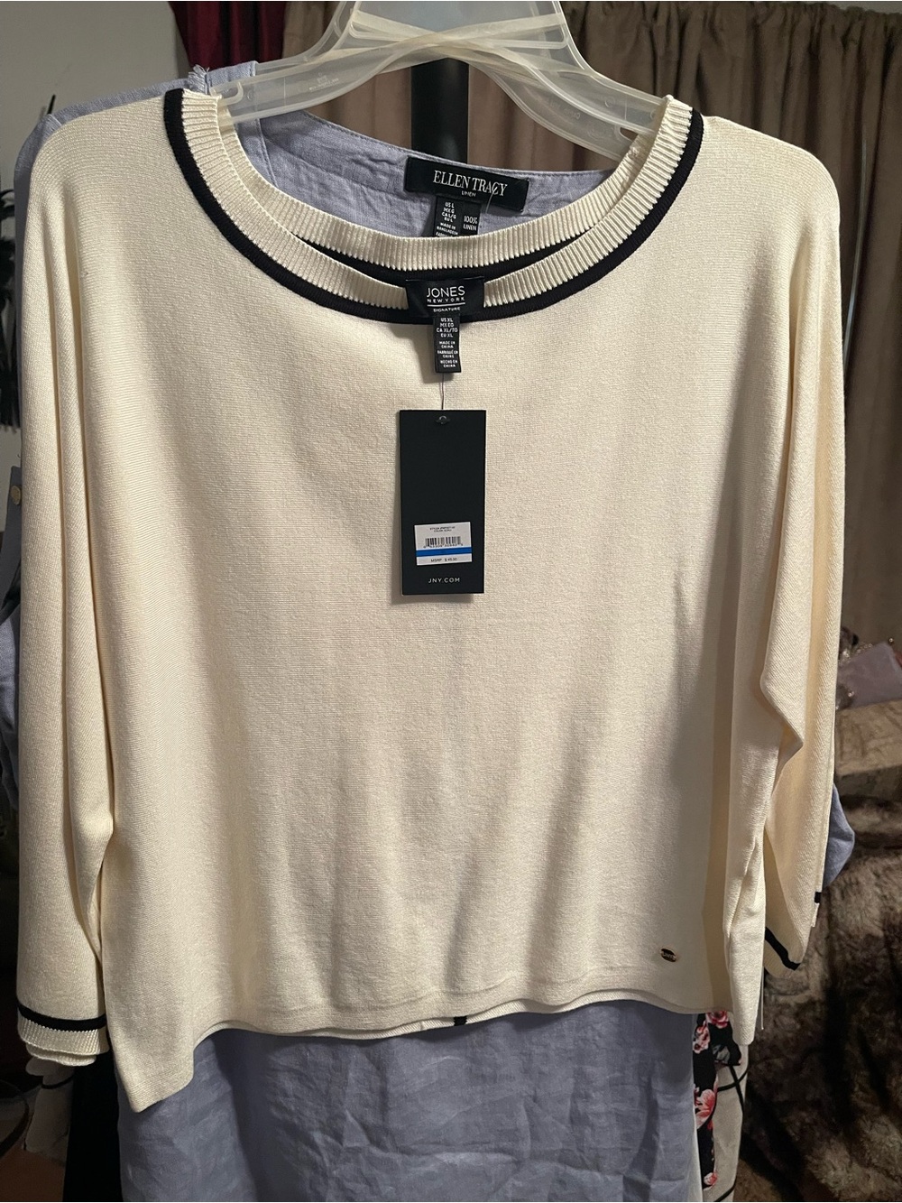 Jones New York Signature Cream Knit Boatneck Top w/ Black Trim